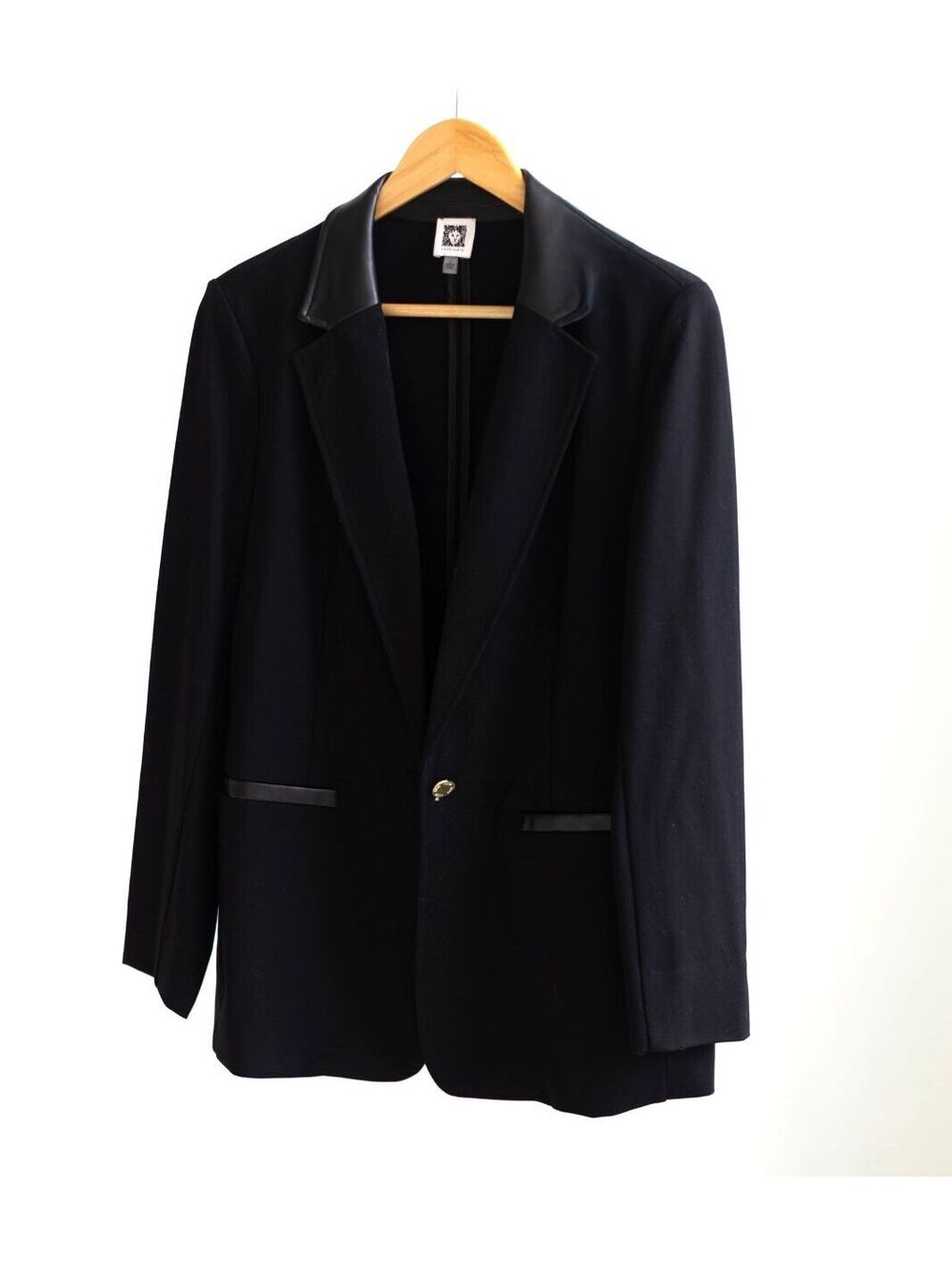 Anne Klein Faux Leather Collar Blazer Jacket Black Sz L